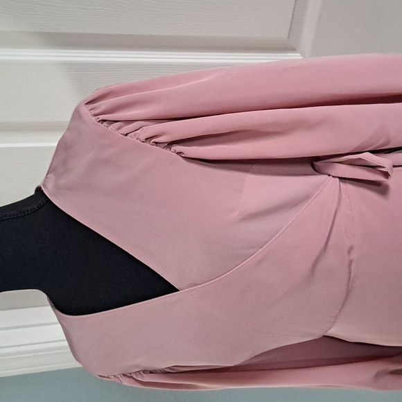Topshop Pink Wrap Balloon Sleeve Satin Feel Tie Waist Dressy Stylish Mini Dress - Picture 3 of 13